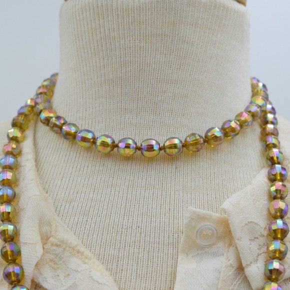 Sterling Amber Aurora Borealis Necklace AB Crystal Bead 44 1/2" - Picture 12 of 12